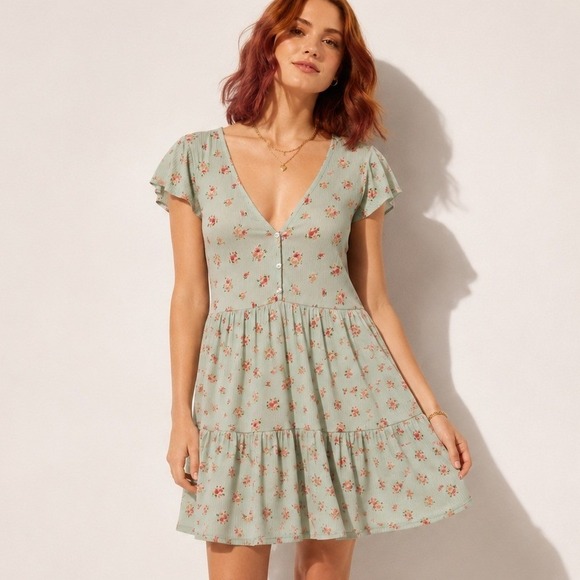 Jessica Simpson Dresses & Skirts - Jessica Simpson Women Floral Ribbed Babydoll Mini Dress Sage Green Pink Rose L